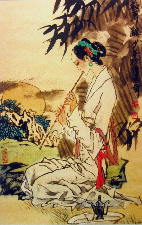 Mädchen spielt Hsiao traditionellen chinesischen Ölgemälde
